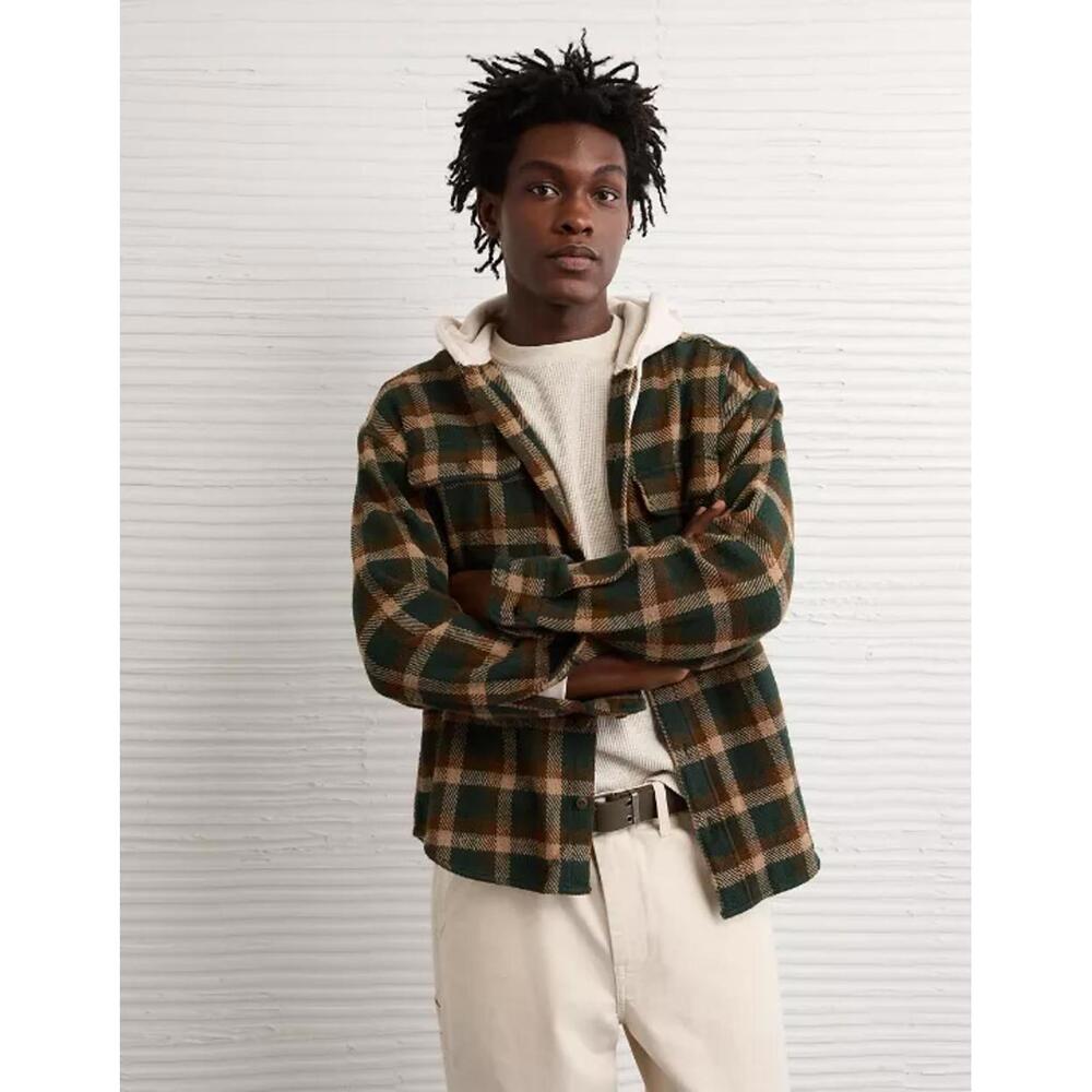 NWT! American Eagle Hooded Flannel Button Up Shirt Green Size Large Medium